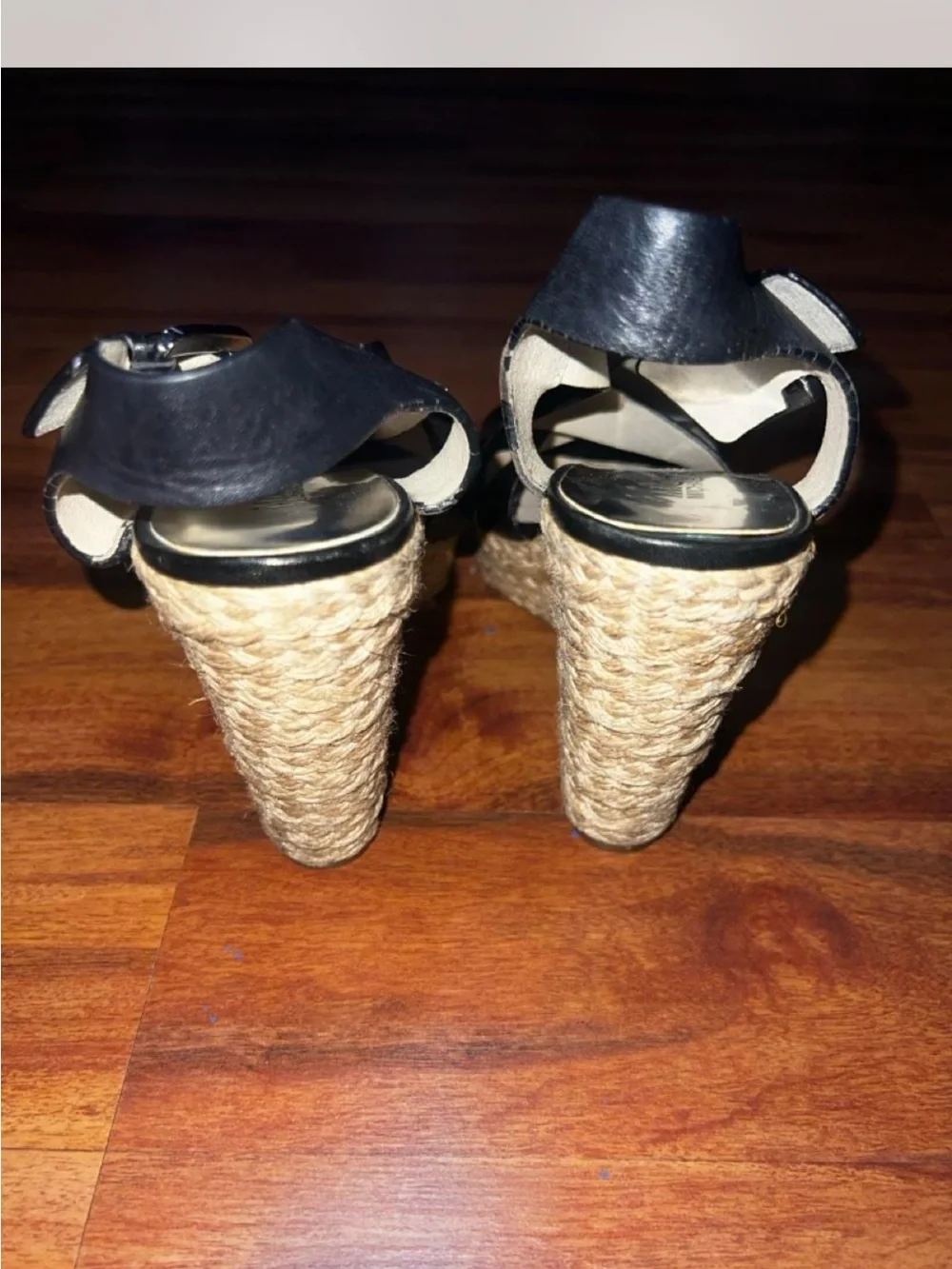 Michael Kors Black Leather Espadrille Wedge Sandals